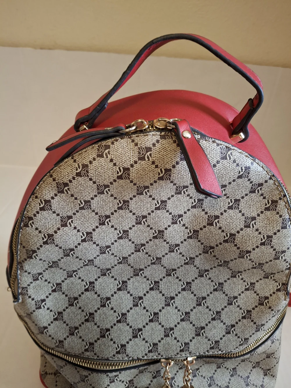 Faux-leather Red and Beige Monogram Backpack Handbag